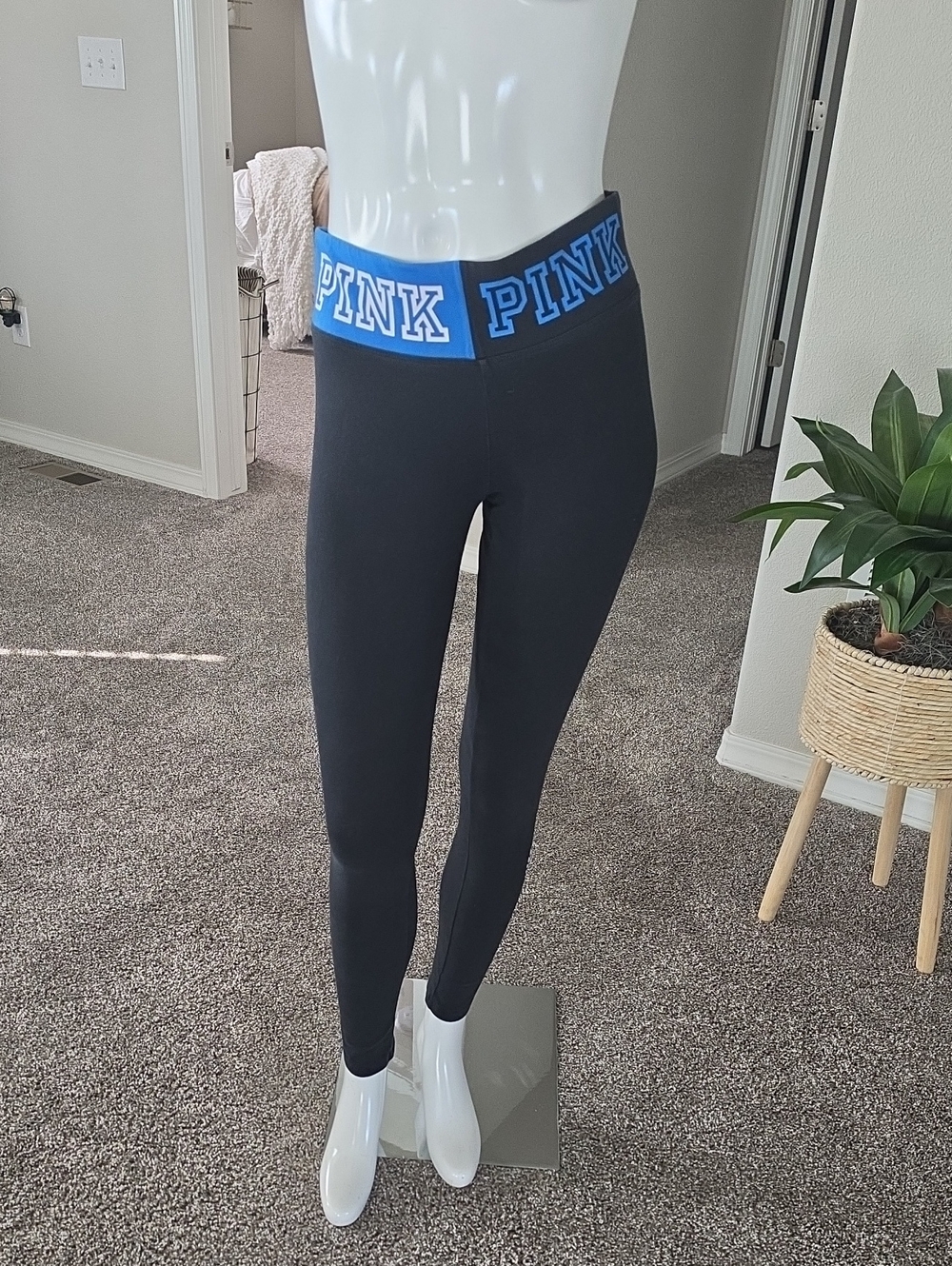 PINK Victoria's Secret Black Leggings with Blue Logo Waistband